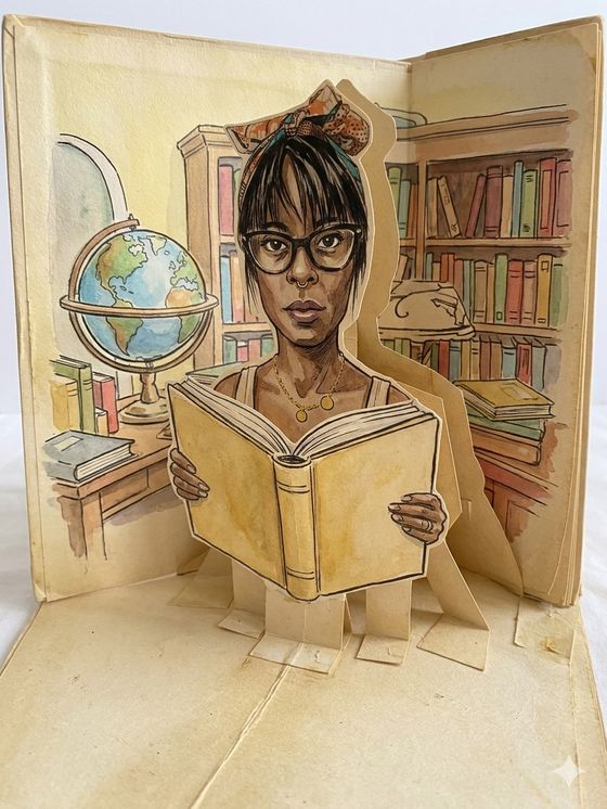 Hand-painted watercolor of a scholar reading, popping up from a book