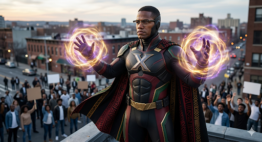 Superhero X stands on a rooftop with glowing orange and purple energy in both hands, a crowd gathered behind him.