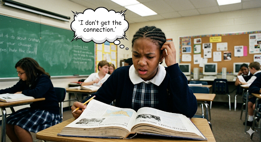 Amara sits at her desk with a printed textbook, hand on her head, frustrated. Thought bubble: I don't get the connection.