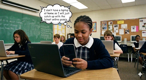 Amara at school with a laptop, but looking at her phone. Thought bubble: I don't have a laptop at home so I will just catch up with the latest online gossip.